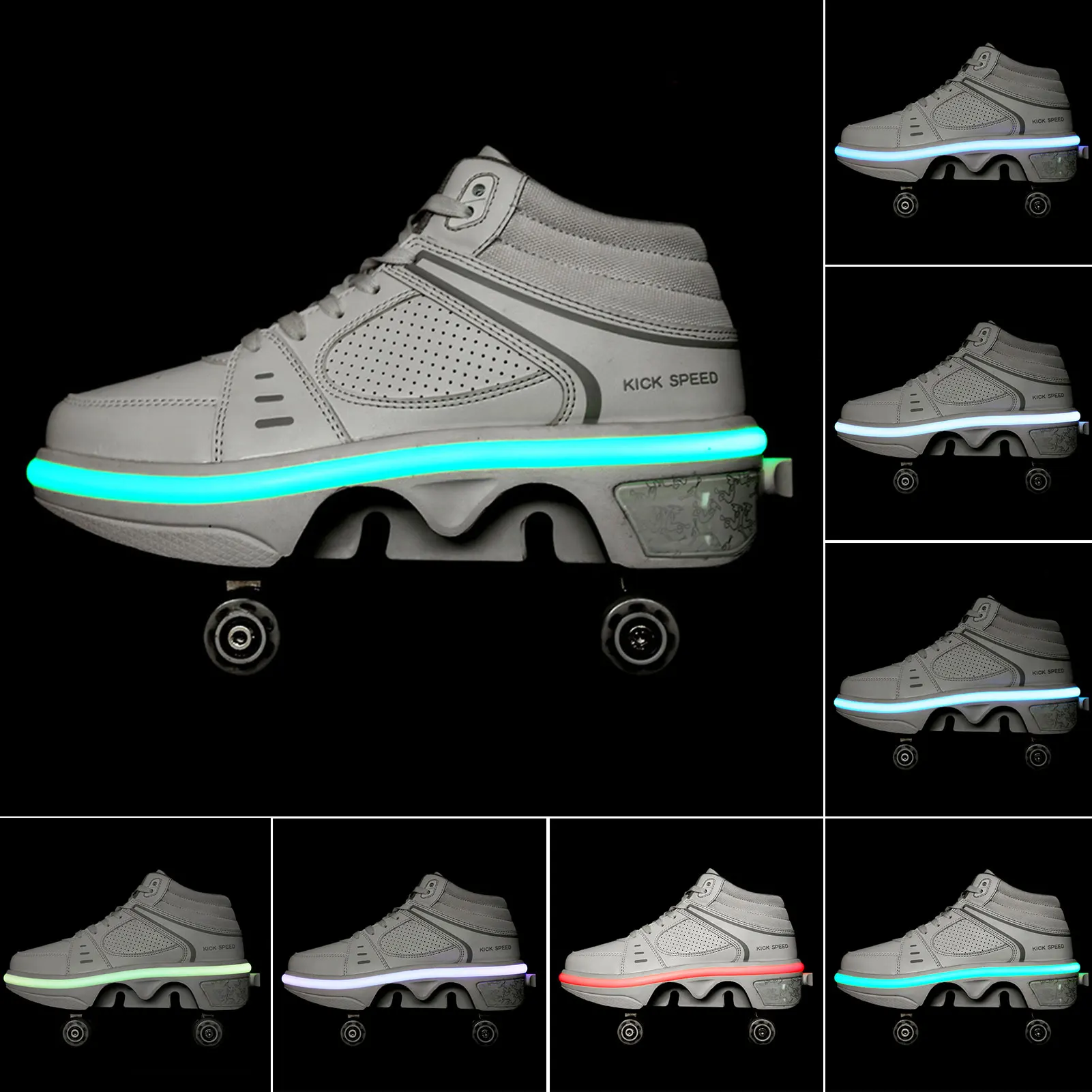 PU Deformation Roller Shoes With 7-color Ambient Breathing Light Invisible Pulley Skating Shoes 4 Wheels Parkour Sneakers