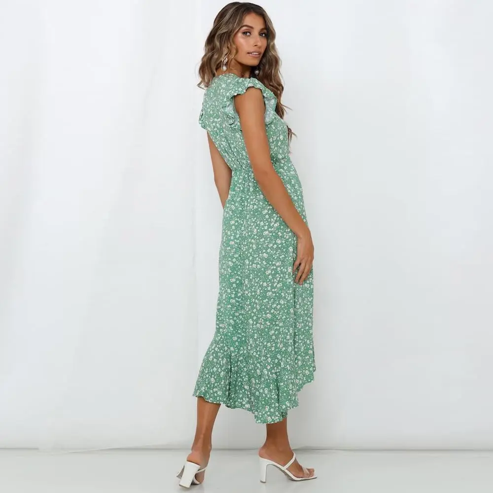 

Soolasea Summer Beach Midi Dress Print Boho Long Green Dress Women Floral V-Neck Ruffles Wrap Casual Split Party Dress Vestidos