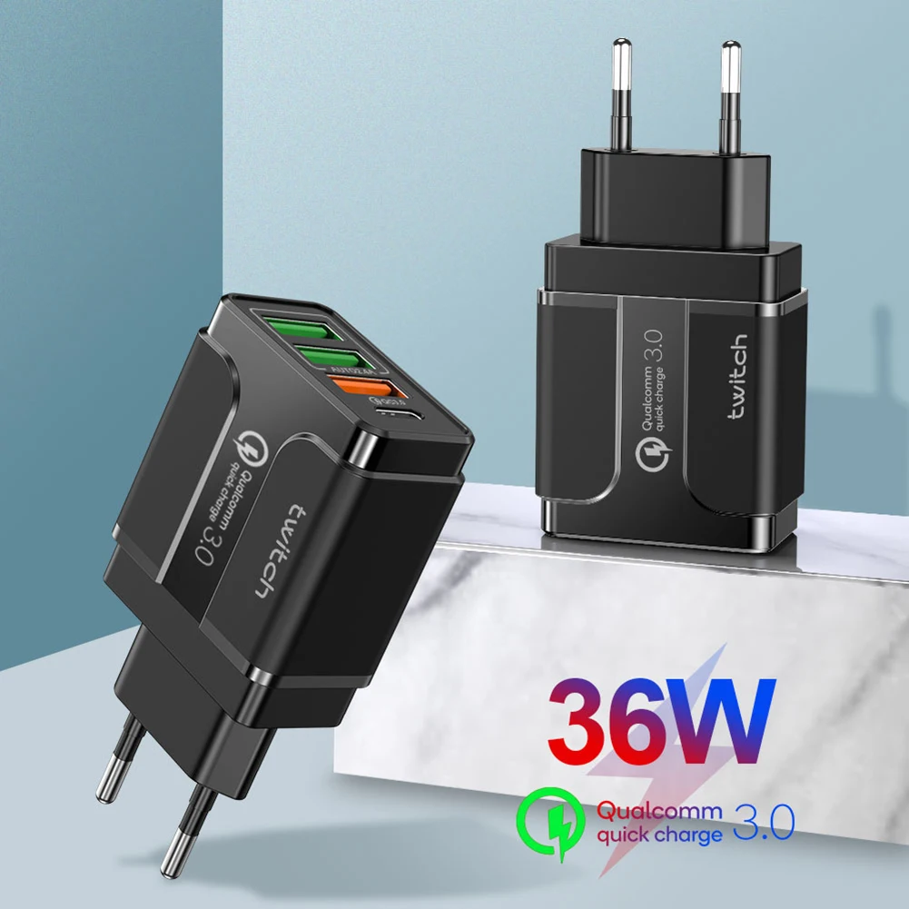 

QC3.0 Power Adapter AC100-240V 36W Portable Charging Adapter 4 USB Ports Plug Adapter