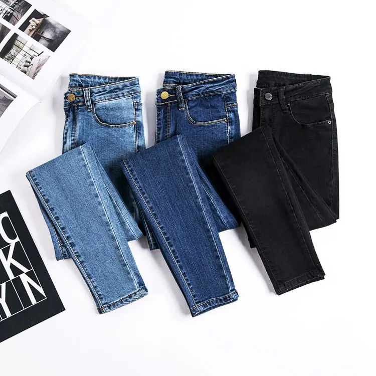 

Korean Fashion Blue Solid Skinny Jeans Woman High Waist Elastic Black Casual Female Pencil Pants Denim Pocket Jeans Ladies 2020