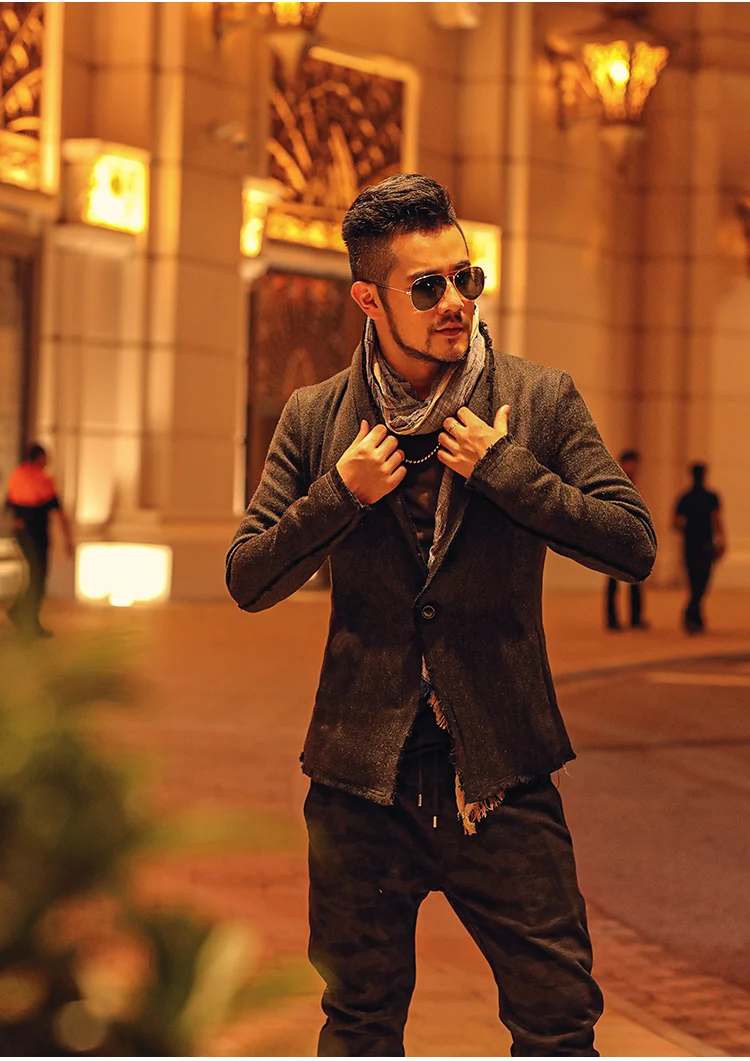 New Spring Retro Black Fur-trimmed Casual Slim Black European Style Suit for Men Stand Collar Men Suit Blazer Brand F8288
