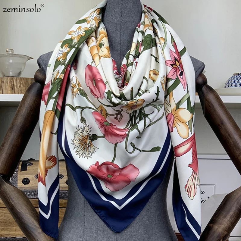 

Fashion Super Large Twill Silk Women Scarves Scarf Bandana 130*130cm Floral Print Square Scarves Wraps Luxury Brand Gift Shawls
