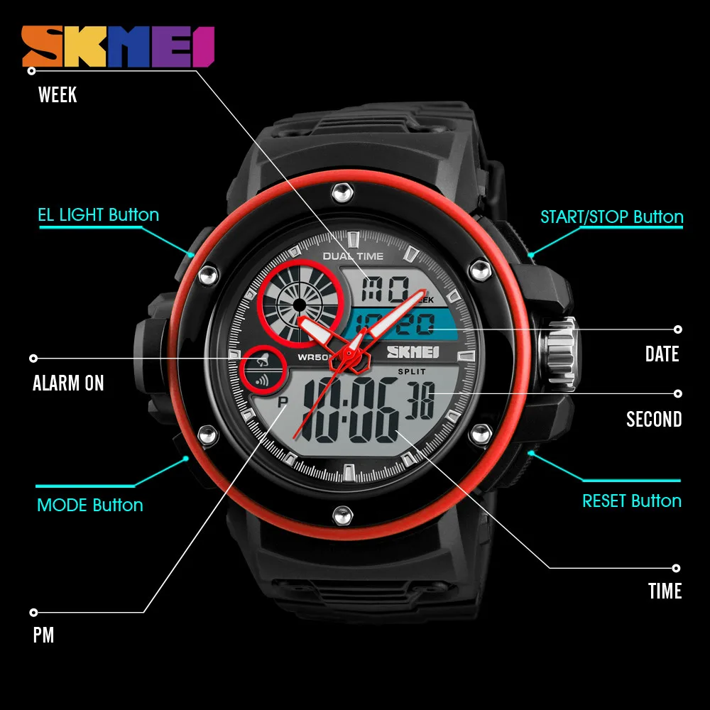 SKMEI New Fashion Casual Outdoor Sport Watch Men Watches Chrono Alarm Clock Dual Display 5Bar Waterproof Wristwatches 1341 | Наручные
