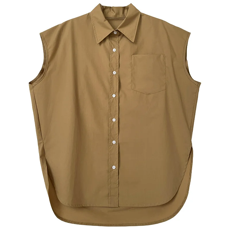 

Yeeloca Simple White Coffee Sleeveless Shirt 2021 Summer New Lapel Design Loose Blousers Korean Single Breasted Top