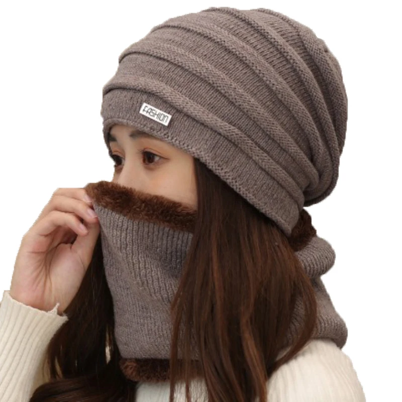 Шапка шарф набор для мужчин и женщин Толстая теплая зимняя шапка бини с кольцом