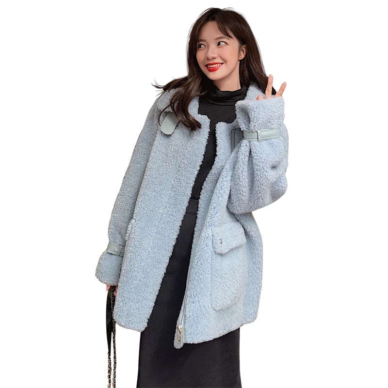 

2020 Autumn Winter New Korean Blue Short Lamb Wool Coat Loose Casual Warm Single-breasted Women's Coats Jacket Women