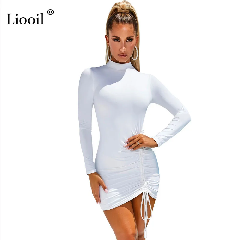 Белый Liooil, сексуальное облегающее мини-платье с рюшами, женская одежда, осень, с длинным рукавом, с круглым вырезом, на шнуровке, драпированные, обтягивающие платья, женские, вечерние, ночные - Цвет: Белый