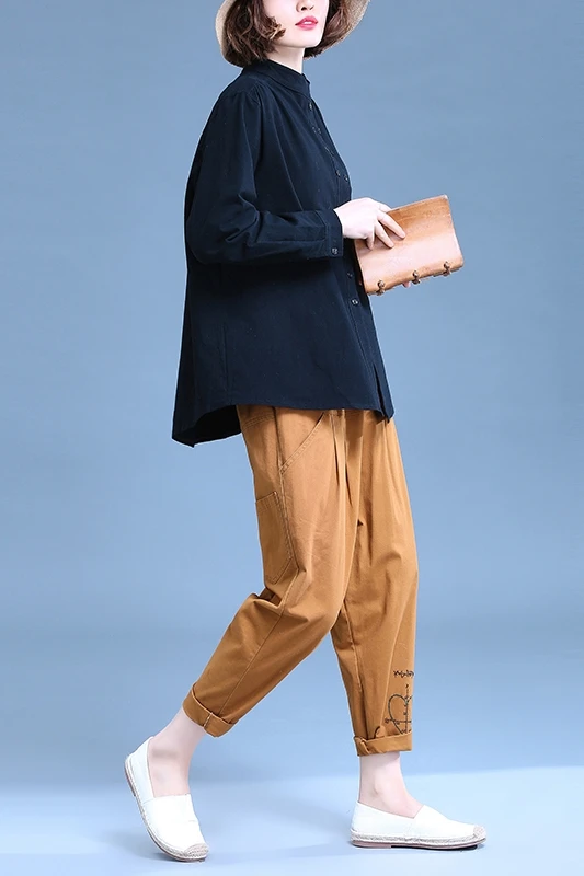 

COIGARSAM Full Sleeve Shirt Womens tops New Loose Cotton Linen Women shirts Yellow Black Celadon 9101