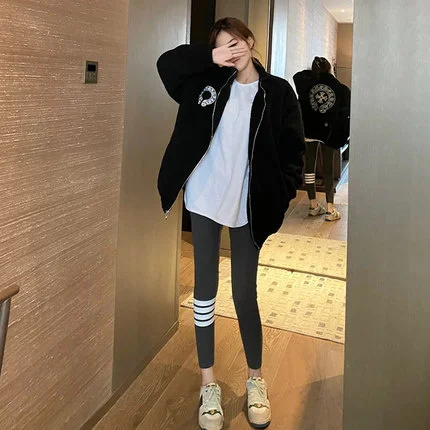 

Fashion 2021 Gray Four Bars Spring and Autumn Leggings Tight Slimming Pants Figure Flattering Slim-fit Pants