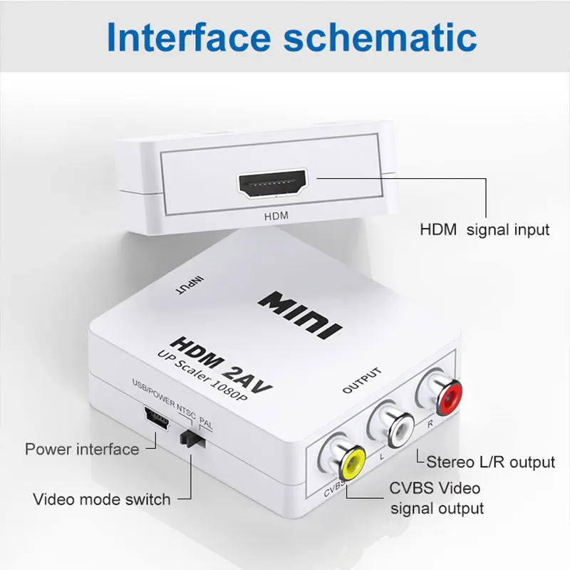 HDMI-совместимый с AV RCA CVSB L/R 1080P видеоконвертер HD1080P адаптер поддержка NTSC PAL выход |