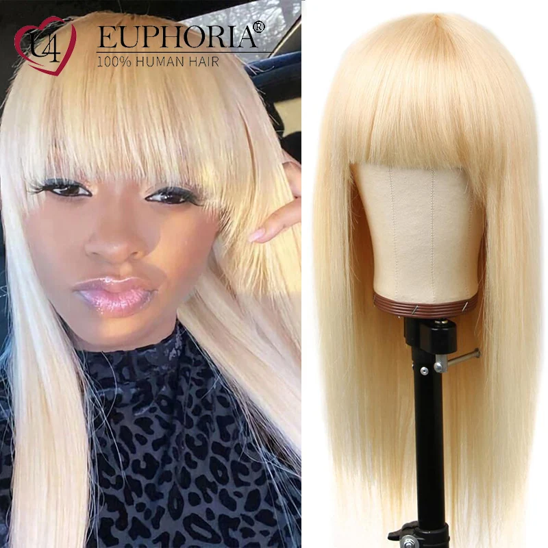 

Brazilian Remy Human Hair Full Machine Non Lace Wigs With Bangs Honey Blonde 613 Straight Hair Bob Wigs Cheap Wig EUPHORIA
