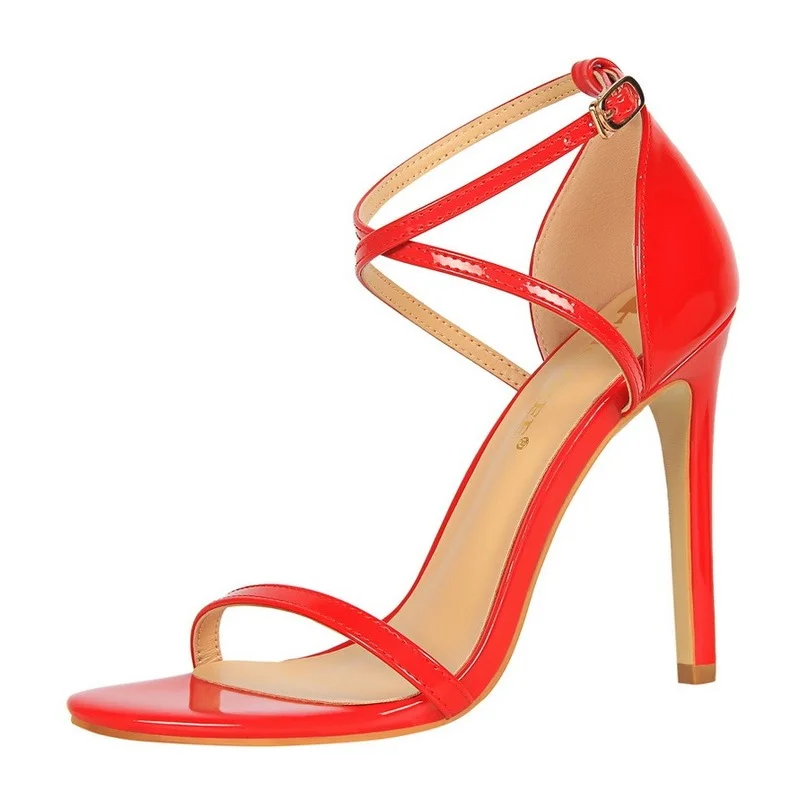 

2021 New Show Thin Cross Strap Women Sandals Patent Leather Concise Summer High Heels 11cm Shoes Open Toe Women's Office Sandals