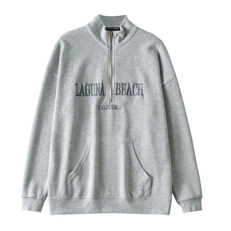

2021 new Fashion Women Cotton Stand Collar Half Zipper Letter Embroidery Long Sleeve Sweatshirts Vintage Casual Loose Sweatshirt