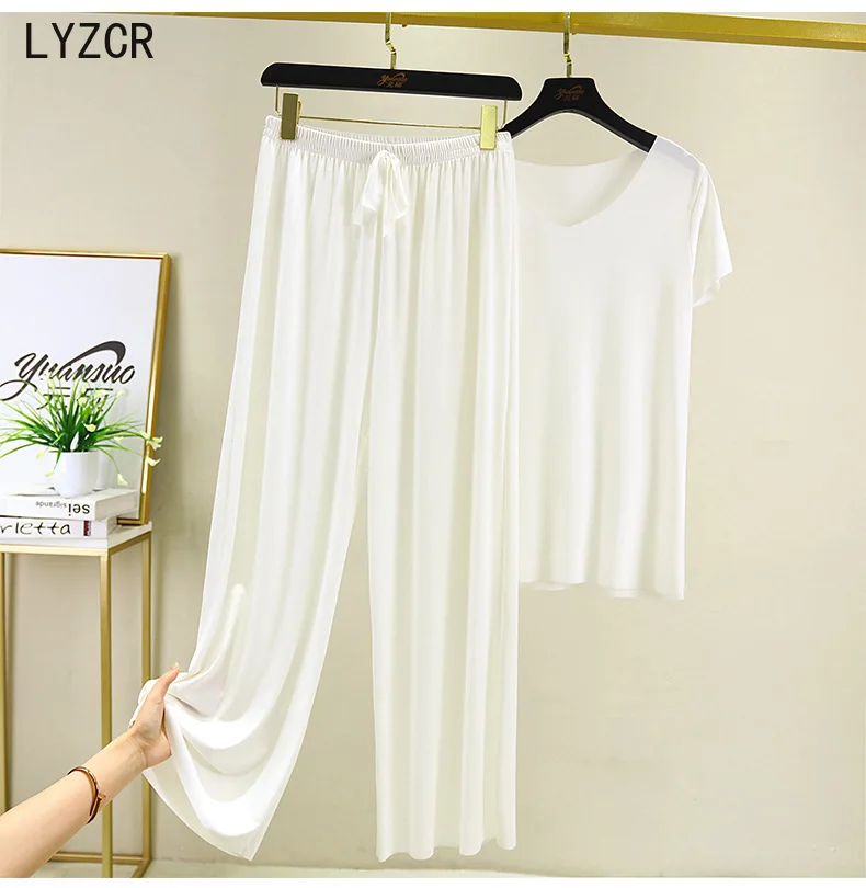 

Summer Two Piece Set Women T Shirt and Pants Modal Trouser Suits Loose 2 Piece Sets Womens V Neck T Shirts and Wide Leg Pants