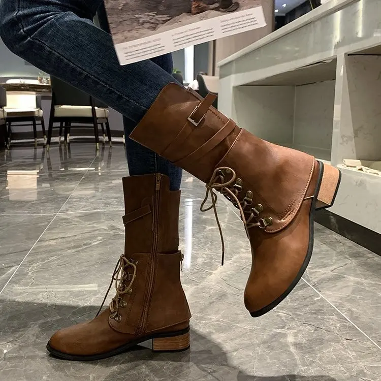 

oymlg2020 New women Mid-Calf boots women Autumn Winter Fashion high quality Leather Round head Toe Lace up Ankle boots women