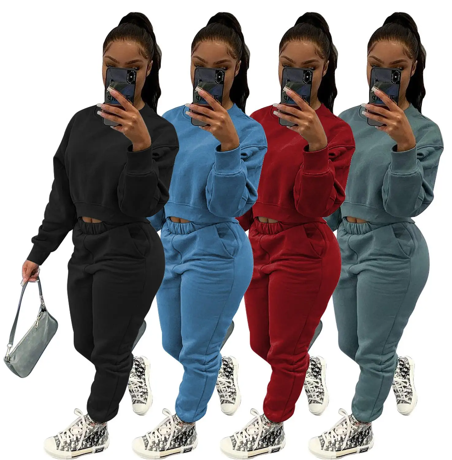 

Casual Women Solid Keep Warm Tracksuits Outfits 2020 Winter Lady's O-neck Sweatshirts High Waist Sport Pants Two-Piece Set