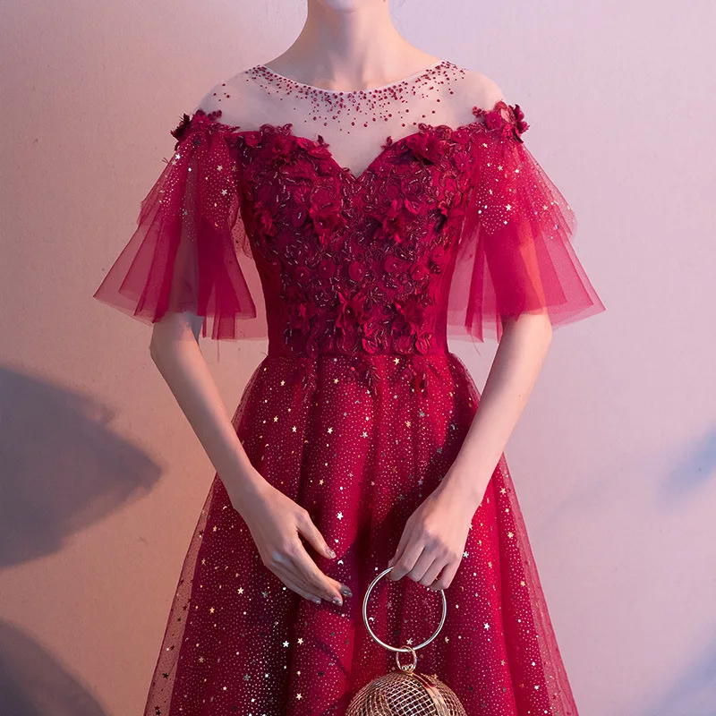 

O-neck Evening Dress Burgundy Half Sleeves Crystal A-line Plus size Customized Floor-length Illusion Bling Formal Dresses R1546