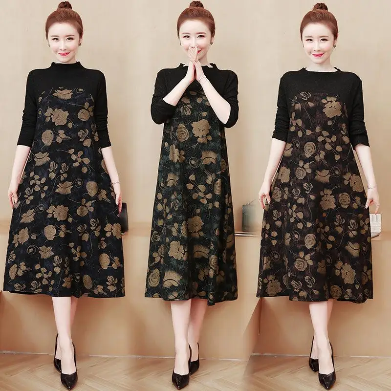 

5xl Big Size Long Women Dress Evening Party Vintage Dress Elegant Floral Casual Dress Long Sleeve Autumn Winter Plus Size Dress
