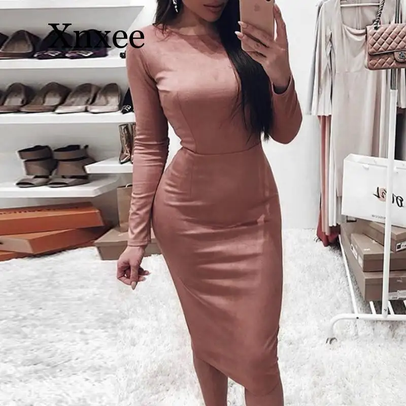 Облегающее замшевое осенне зимнее платье винтажные вечерние женские платья с