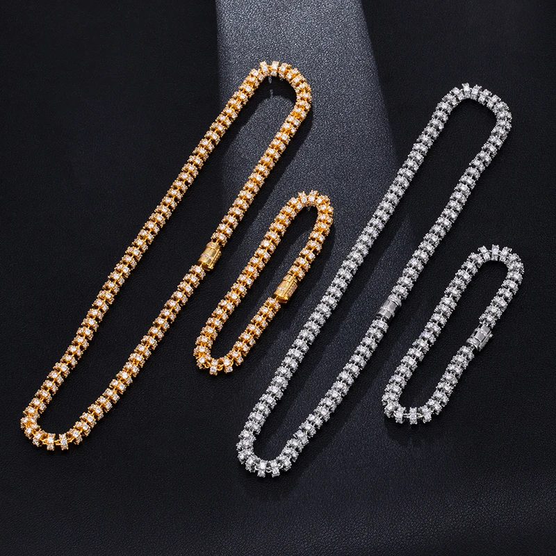 Hip Hop 6MM Set Bling AAA CZ Cubic Zirconia Iced Out Round Link Chain Necklace Bracelet For Men Women Rapper Jewelry 18''-24''