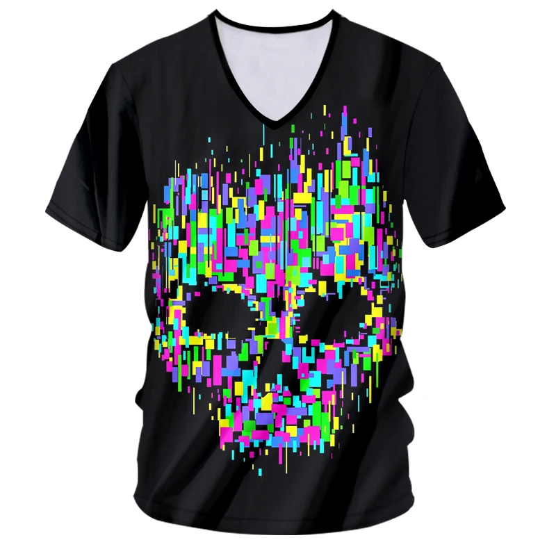 

IFPD EU/US Size Men Clothes Summer Colorful Skull Print V-neck T-shirt 3D Print Plus Size Casual Breathable Funny Shirts