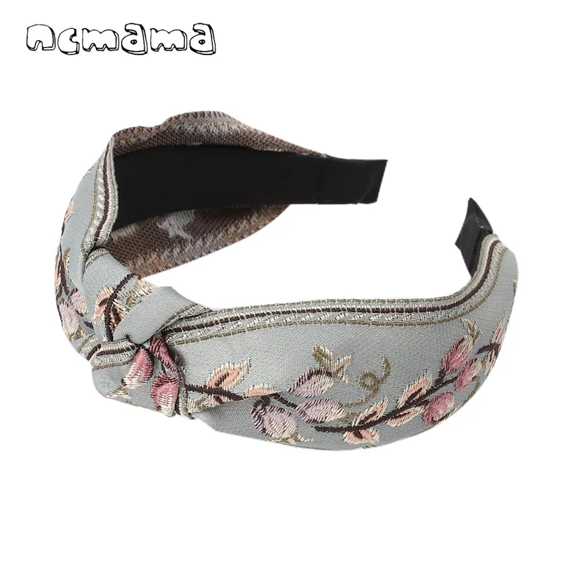 

ncmama Embroidered Flower Hair Bands For Women Girls Top Knot Hair Bow Headband HeadWrap Fashion Hair Accessories