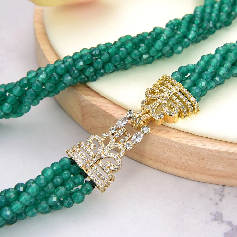 

18'' 7 Strandss Green Agate Gems Stone Necklace Cz Clasp