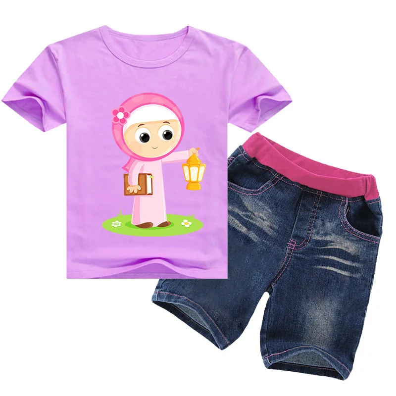 

20201 Muslim Summer Clothes Kids Ramadan Short Sleeve Tshirt Denim Shorts 2pcs Set Boys Sport Suit Girls Mubarak EID Party Favor