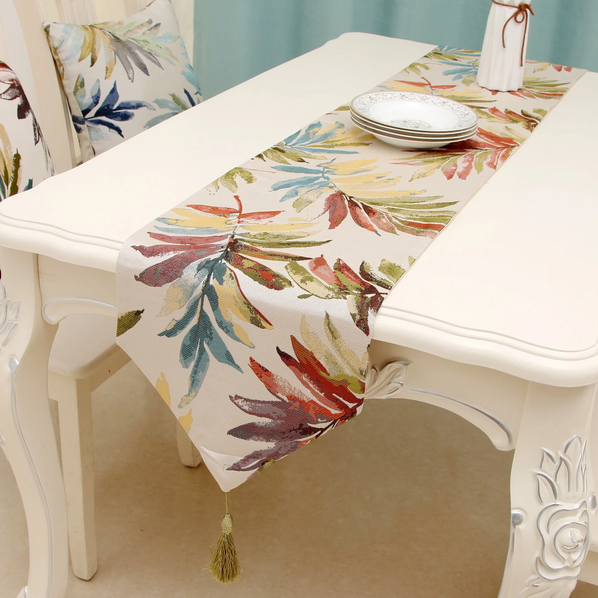 Inyahome Leaves Table Runner American Farmhouse Retro Colorful Leaves Tropical Rainforest Cotton and Linen for Dining Table
