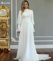 new 2021 muslim evening dress with lace high neck long sleeve chiffon prom dress blue elegant dubai arabic aabya evening gowns