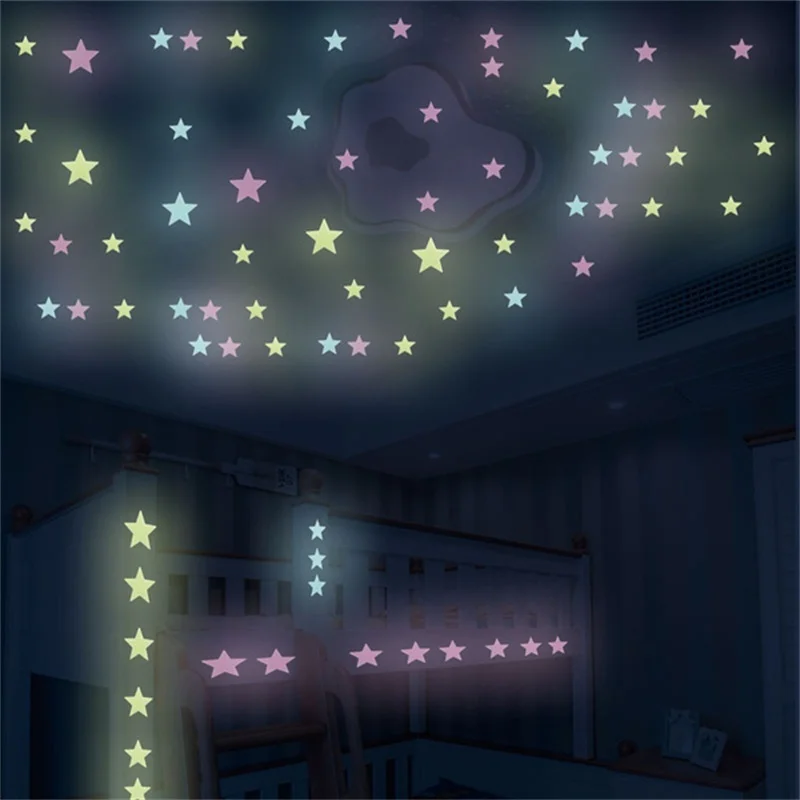 100PCS Kids Bedroom Fluorescent Glow In The Dark Stars Wall Stickers Home Decor Christmas Decoration Star Moon | Дом и сад