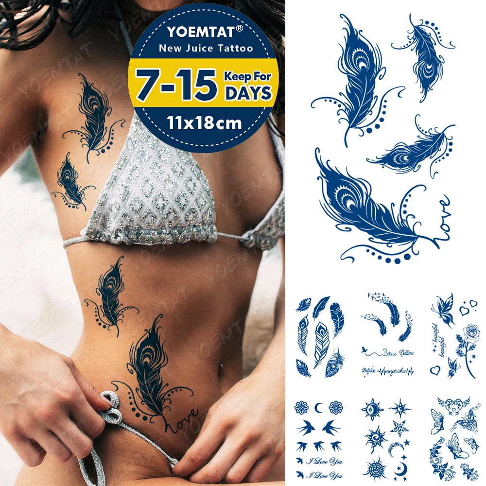 

Juice Lasting Ink Tattoos Body Art Waterproof Temporary Tattoo Sticker Peacock Feather Tatoo Arm Fake Love Rose Butterfly Tatto