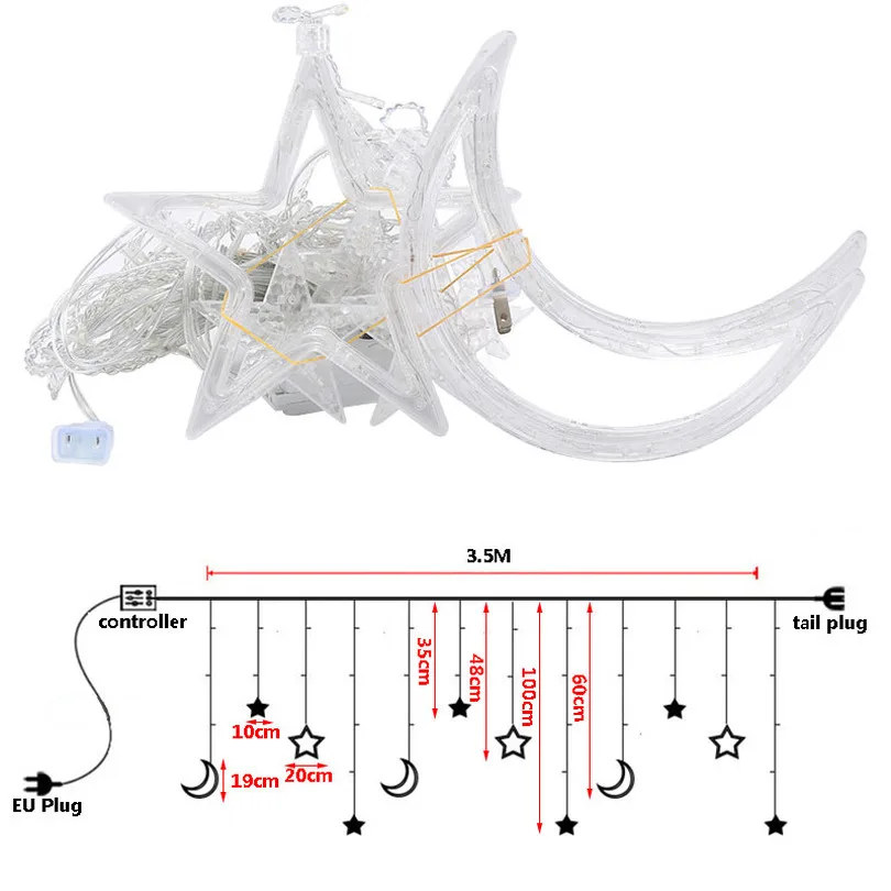 

220V EU US Plug Moon Star LED Curtain Lights Holiday Festival Decoration Christmas Fairy Garlands Outdoor Twinkle String Lights