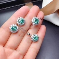 silver inlaid 8 hearts 8 arrows green moissanite gemstone women earrings necklace resizable ring jewelry set