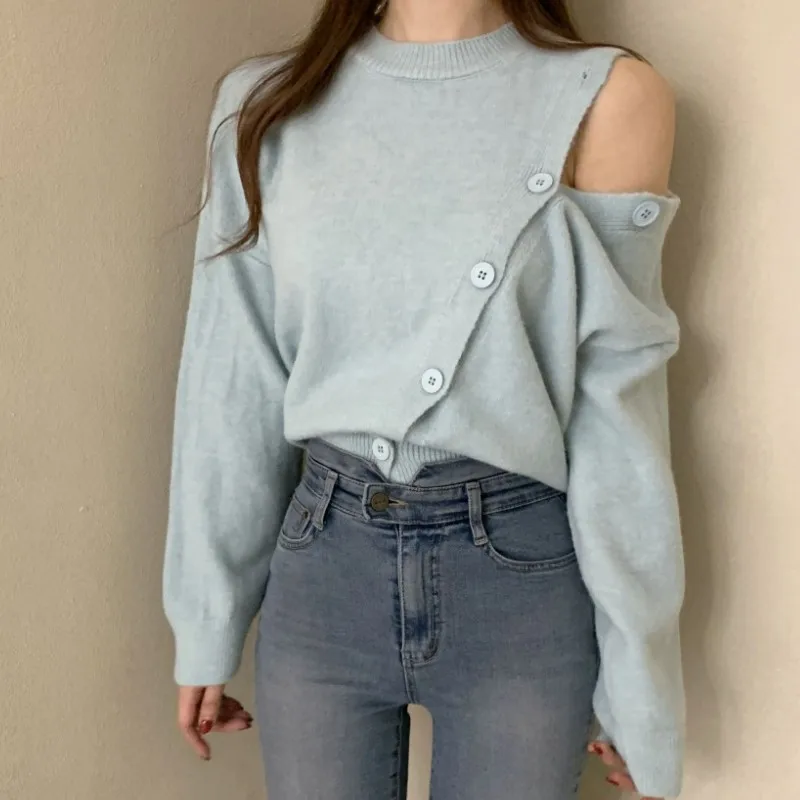 

Korean Chic Autumn Winter Knitted O-Neck Single Breasted Casual Sweaters Pullover Vintage Women Fashion Warm Pull Femme