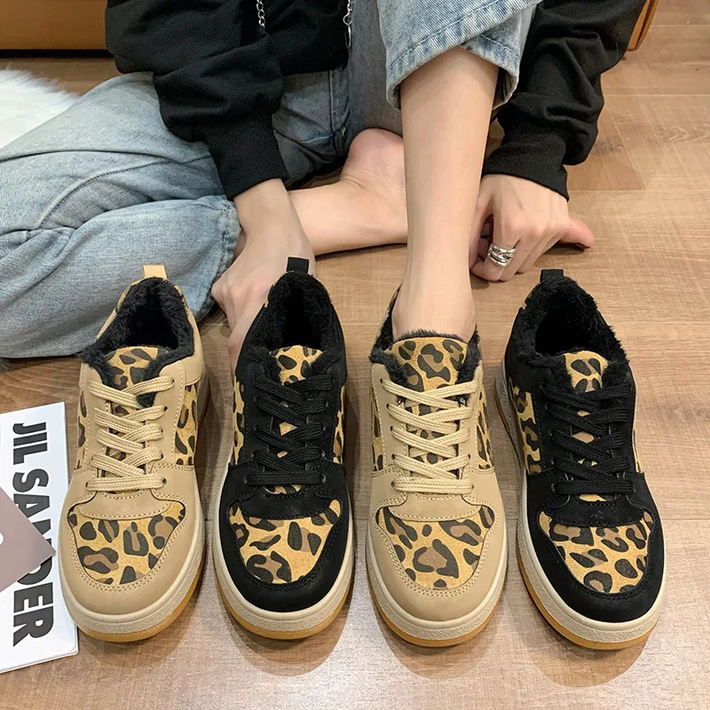 

Кроссовки женские зимние с леопардовым принтом, плюшевые теплые, на шнуровке, универсальная Повседневная Удобная обувь на плоской подошве