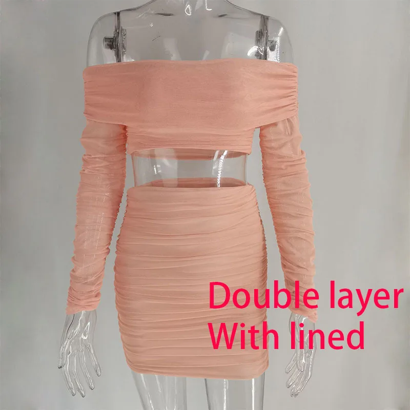 

Giyu Sexy Slash Neck Mesh 2 Piece Set Women 2021 Spring Elegant Ruched Skirt And Top Set Bodycon Backless Club Party Outwear