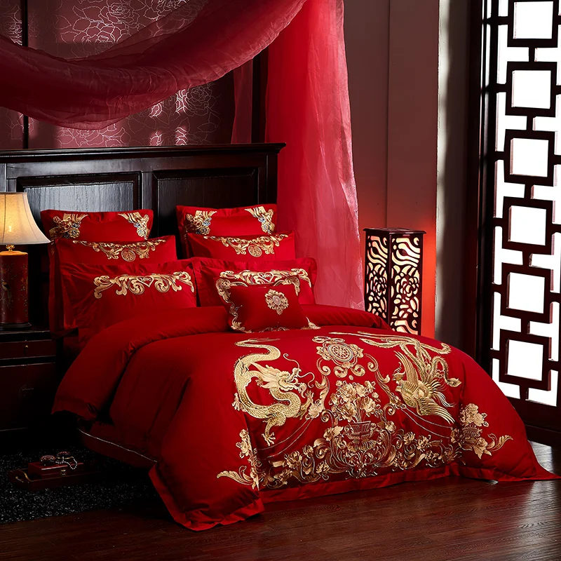 Роскошный Золотой Феникс Лун Роза вышивка Китайская свадьба 100% хлопок