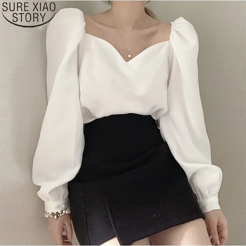 

Blusa Mujer Korean Chic Puff Sleeve Long Sleeve Blouse Women Tops Loose Solid White Simple 2022 New Fashion Women Blouse 13528