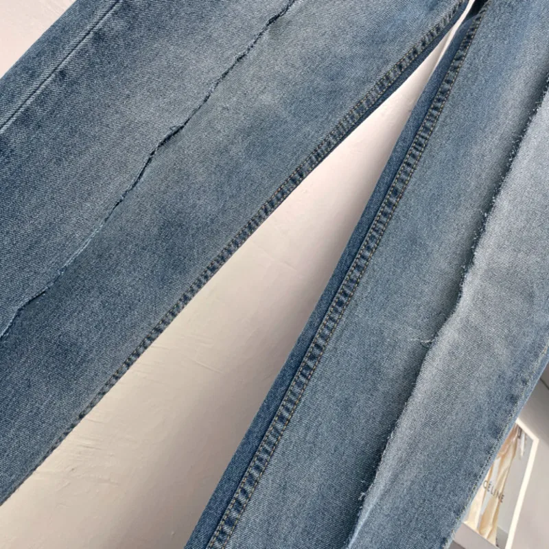 

DEAT 2021 New Women's Fashion Slim Fit Blue Pockets Patchwork Old Washed High-rise Straight-leg Jeans Summer And Autumn 7E1372