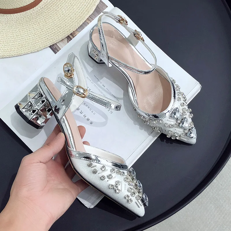 

Prova Perfetto Rhinestone Pointed Toe Sandals Women Silver Slingback Ankle Buckle Strap Pumps Chunky Heel Party Wedding Shoes