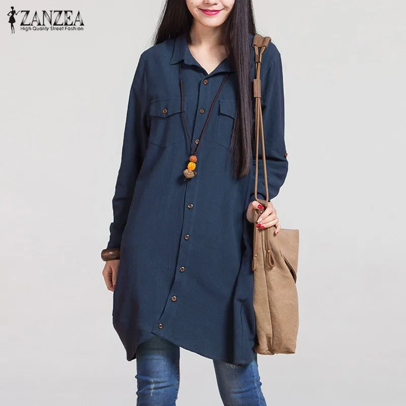 Винтажное льняное платье рубашка Женский Осенний сарафан ZANZEA 2020 асимметричные