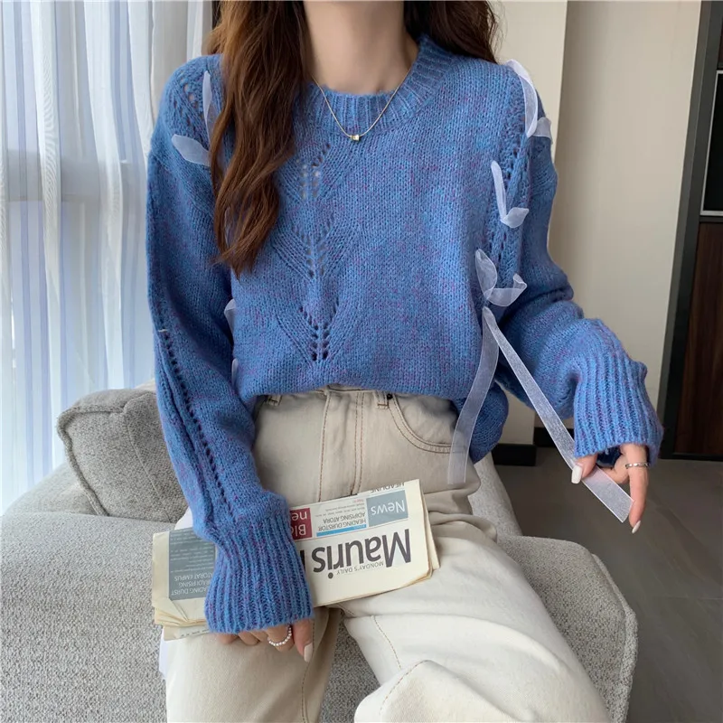 

Женский укороченный вязаный свитер, Повседневный пуловер свободного покроя с круглым вырезом, джемпер для осени и зимы, 2021