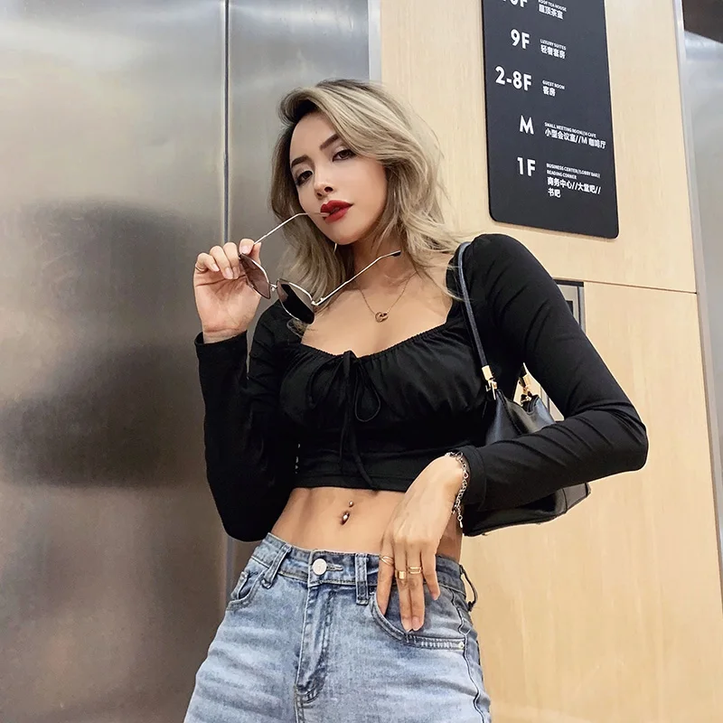 Женский Драпированный укороченный топ футболки с длинным рукавом женская черная