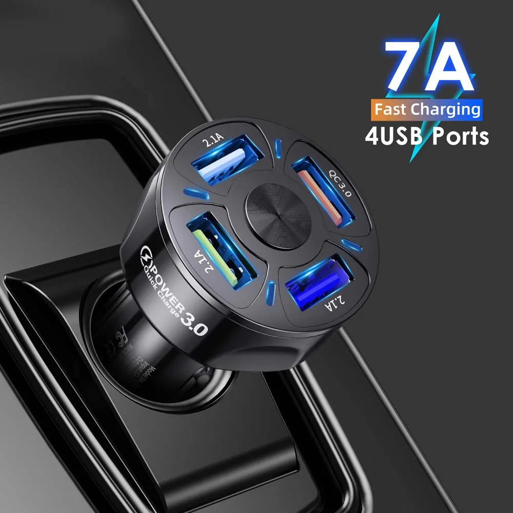 4 Port USB Car Charge 7A Fast Charging Quick Charge For iPhone 13 Xiaomi Huawei Mobile Phone Charger Adapter Car Accessories