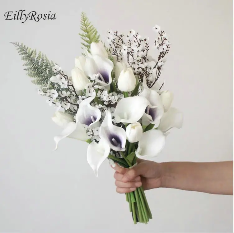

EillyRosia Cala Lily Gypsophila Tulip White Purple Bridal Bouquet Elegant Artificial Hand Tied Holding Flowers bruidsboeket