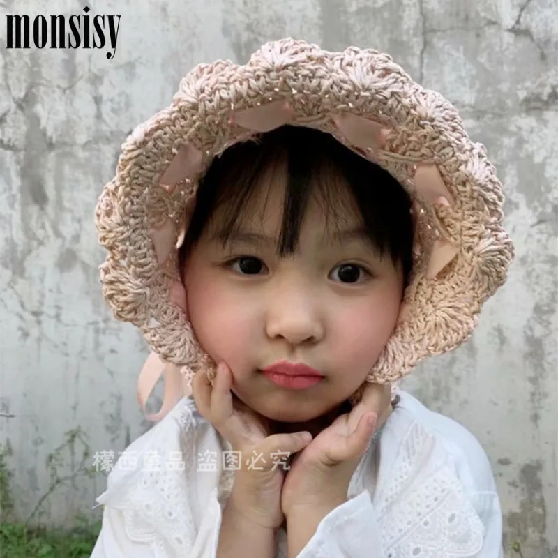 Детская соломенная шляпа Monsisy Пляжная плетеная с ленточкой ручной работы летняя