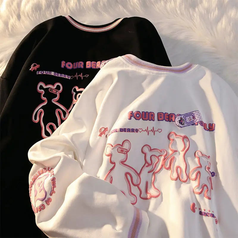 

FAKUNTN bear sweatshirt women college style round neck loose pullover hoodie spring and autumn fun bear print long-sleeved tops