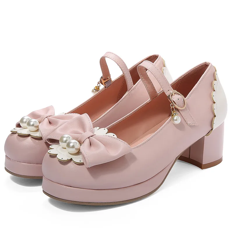 

Black Lolita Shoes Bow Mary Jane Shoes for Women High Heels Platform Pumps Block Heels Shoes Woman Pink Big Size 42 43 44 45