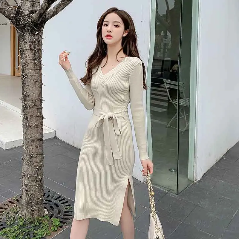 

Women'S 2020 Autumn Winter Korean Elegant Fashion Lace-Up High Waist Slim-Fit Side Slits V-Neck Knitted One Piece Sweater Dress